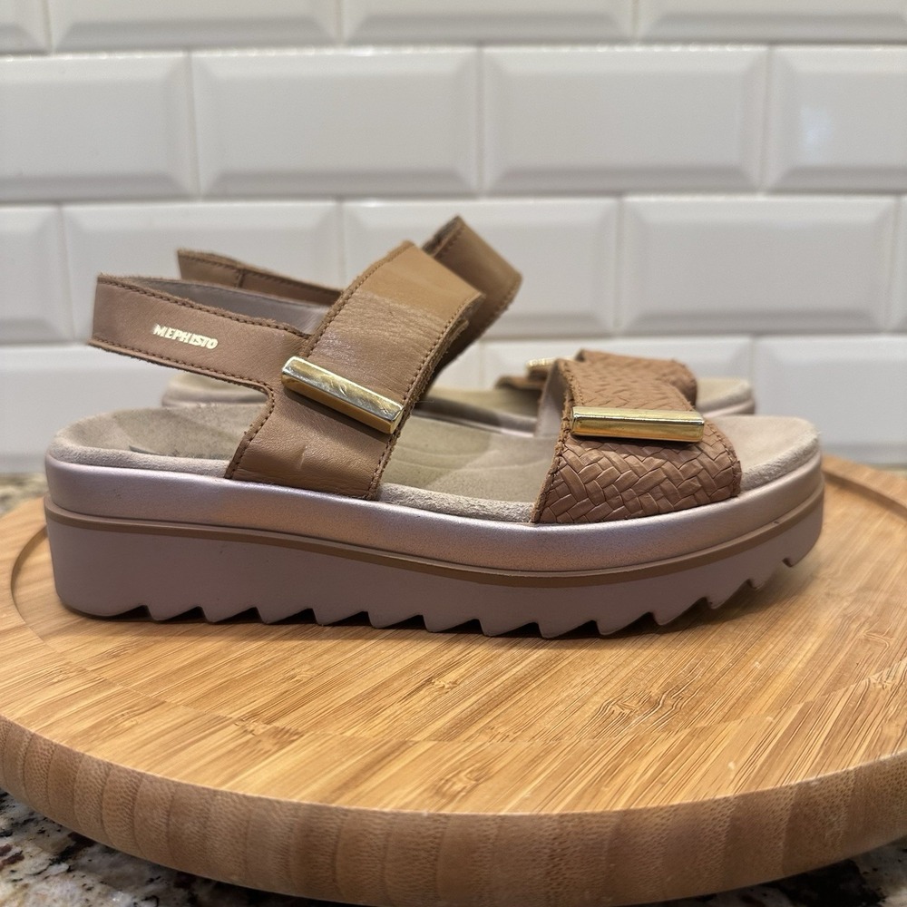 Mephisto Dominica Woven Leather Platform Wedge Sandals Women's 35 US 5  Brown